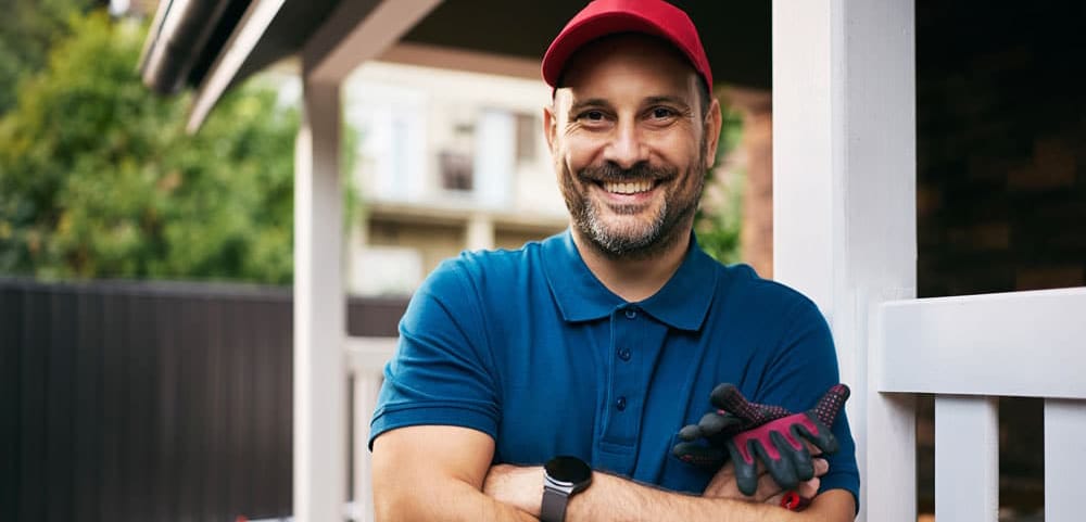 Male technician in blue shirt and red hat smiles after making A/C installation outside residential home.