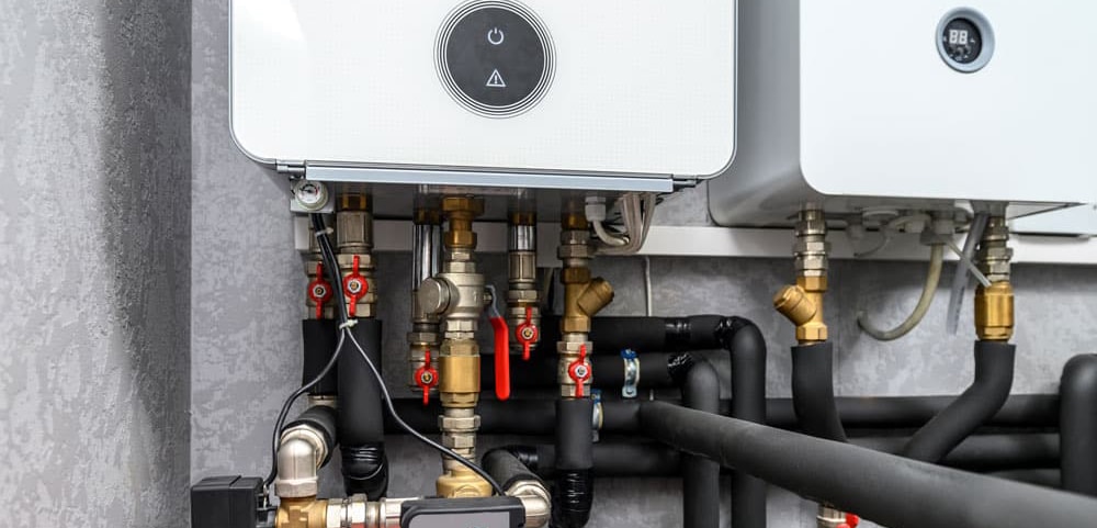 Front view of a boiler system, with connections and pipes extending from unit.