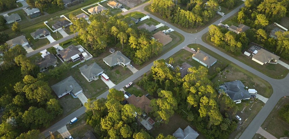 Overhead aerial view of a neighborhood in the Central Wisconsin town of Plover.